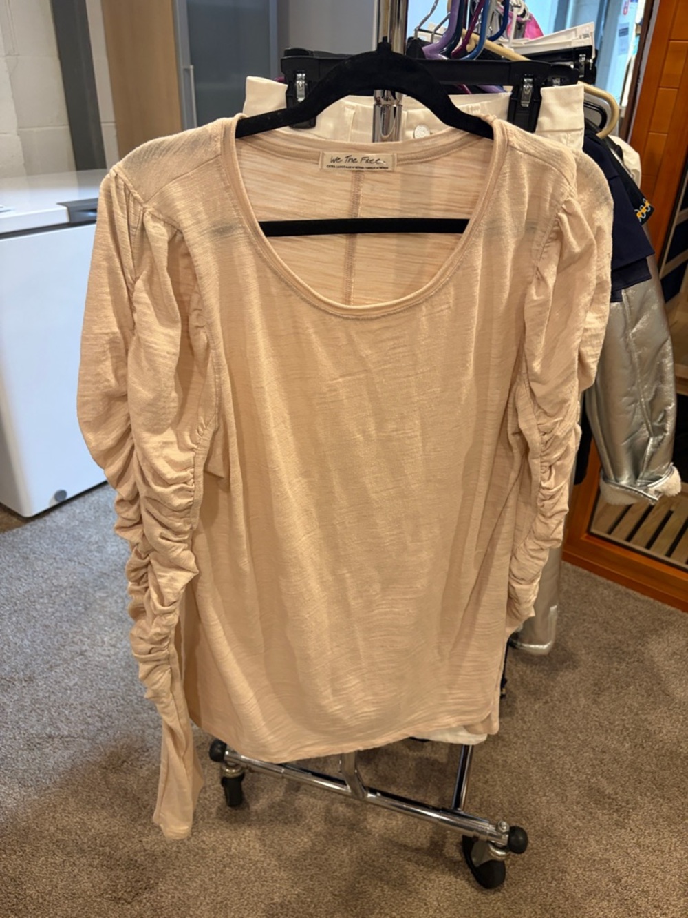 We The Free Cream Ruched Long Sleeve Scoop Neck Top
